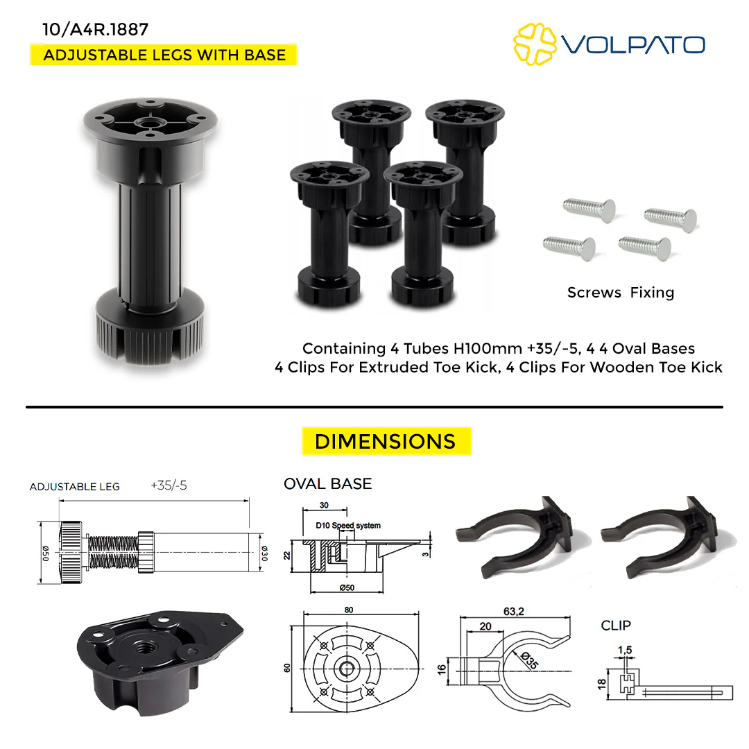 ADJUSTABLE LEG SET VOLPATO H150MM TO 200MM - SET OF 4 LEGS, OVAL BASES AND CLIPS FOR EXTRUDED AND WODDEN TOE KICK - Image 3