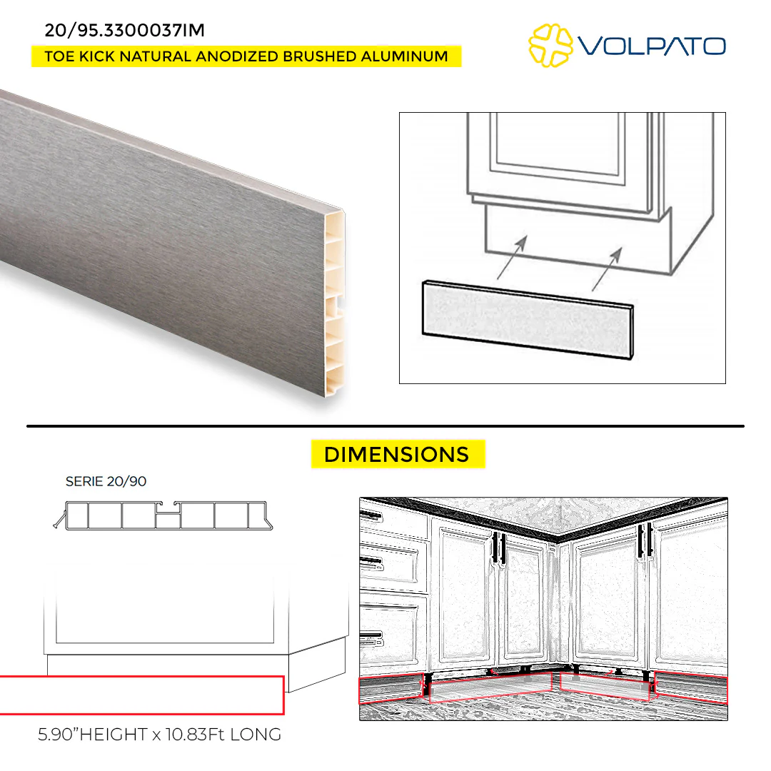 TOE KICK VOLPATO H150MM 5.90" H X 10.83' LONG ANODIZED BRUSHED ALUMINUM - Image 3