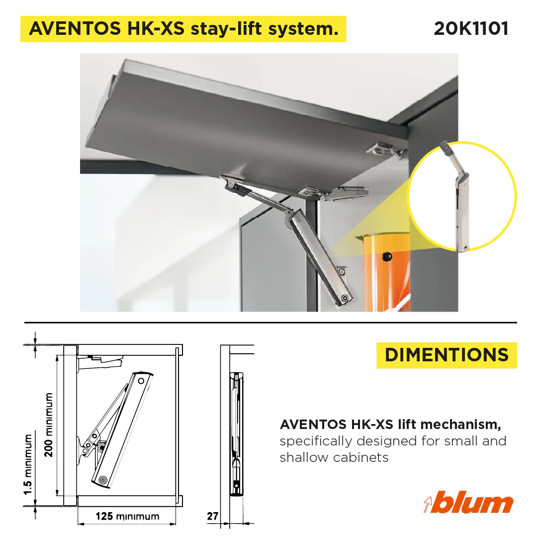 Aventos HK-XS Small Stay Lift, Lift Mechanism, PF=200-1000 (One-Sided Lift Mechanism), Nickel-Plated - Image 3