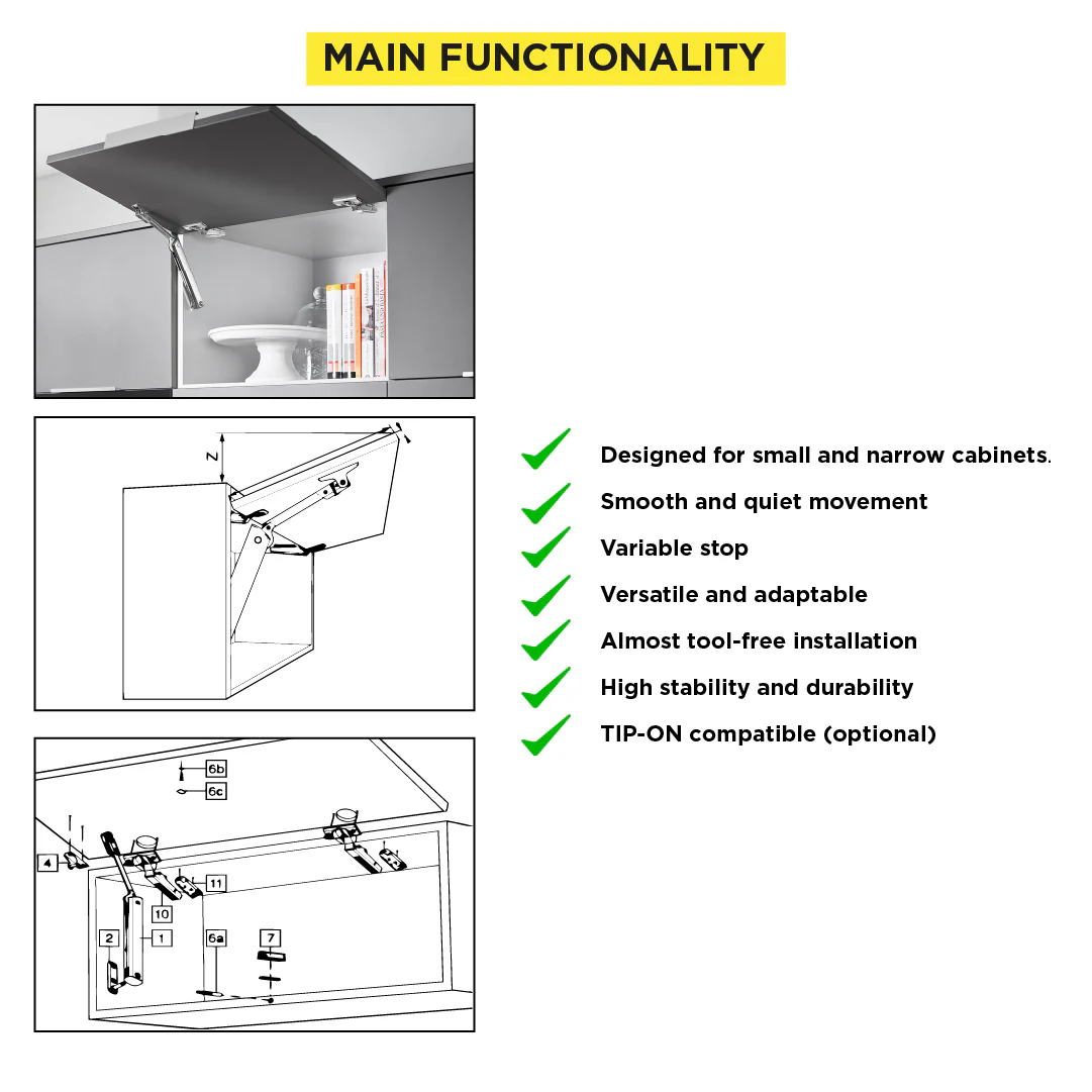 Aventos HK-XS Small Stay Lift, Lift Mechanism, PF=200-1000 (One-Sided Lift Mechanism), Nickel-Plated - Image 4