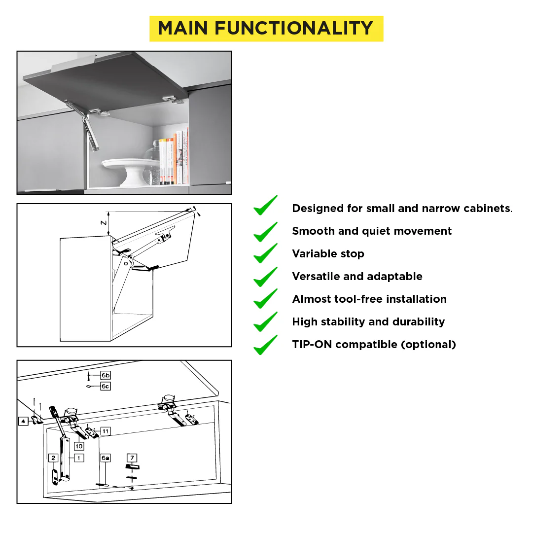 Aventos HK-XS Small Stay Lift, Lift Mechanism, PF=500-1500 (One-Sided Lift Mechanism), Nickel-Plated - Image 4