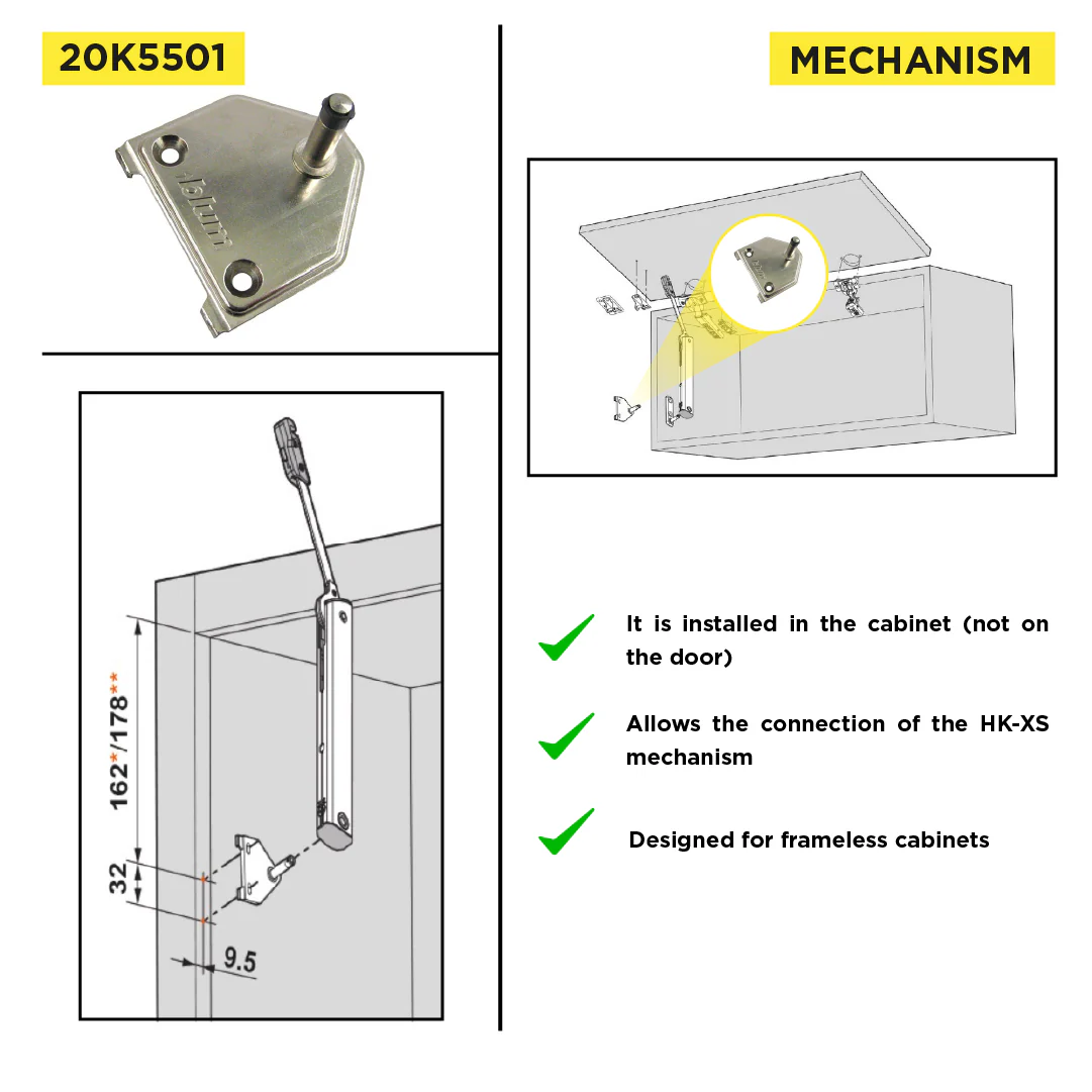 Aventos HK-XS Small Stay Lift, Cabinet Mounting Plate, Screw-On, Nickel-Plated - Image 3