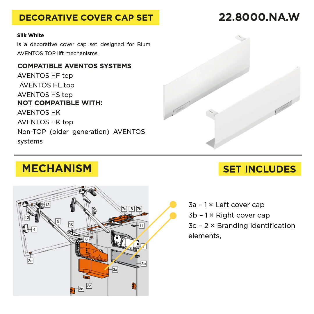 Cover Cap Set Aventos HF/Hs/HL Top, Plain, Right+Left, Printed, Silk White/Stainless Steel Brushed - Image 3
