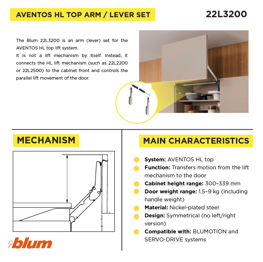 Aventos HL Top Lift Up, Lever (Set), CH=300-340 mm (11-13/16" - 13-3/8"), Non-Handed, Nickel-Plated - Image 3