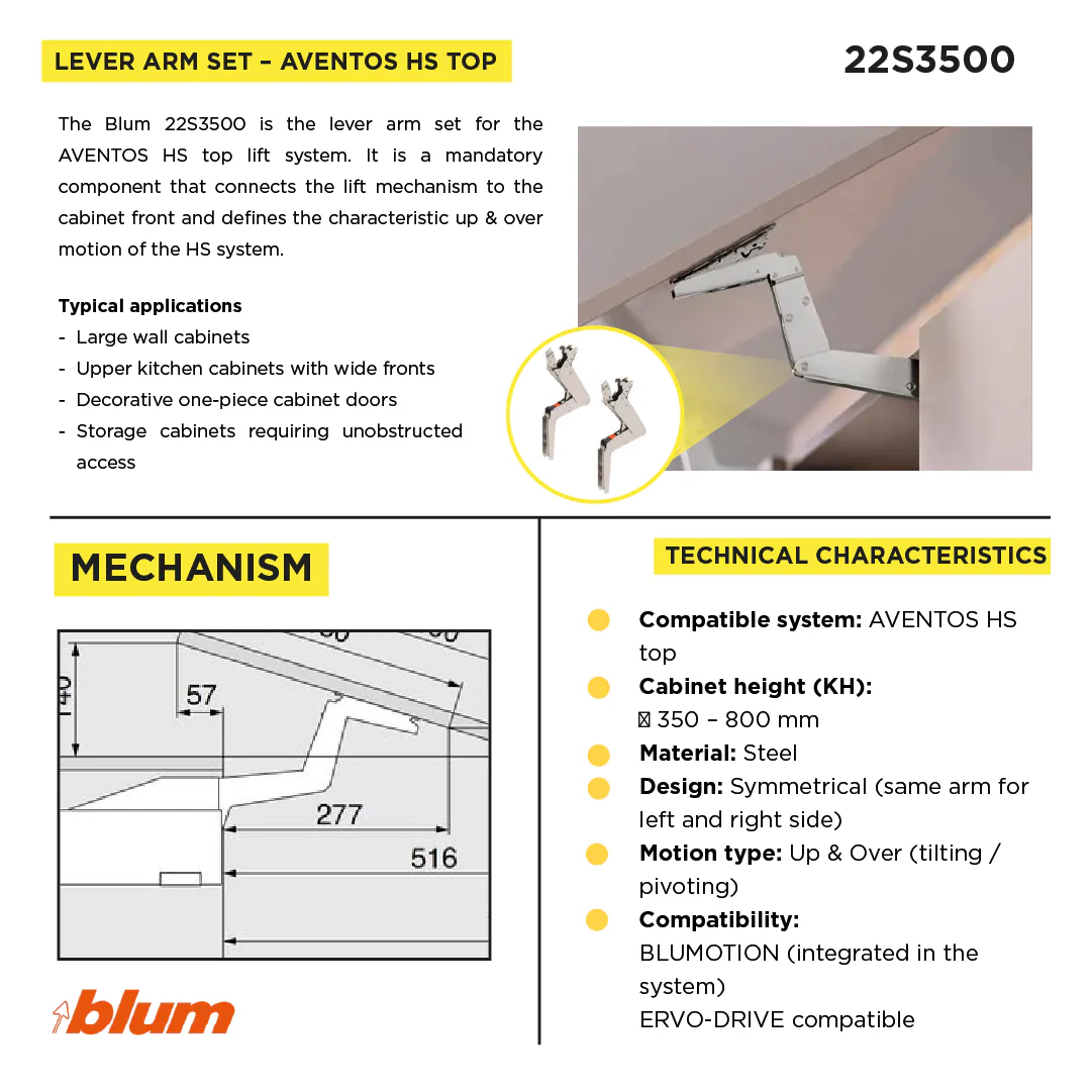 Aventos HS Top Up & Over Lift System, Lever (Set), CH=350-800 mm (13-3/4" - 31-1/2"), Non-Handed, Nickel-Plated - Image 3