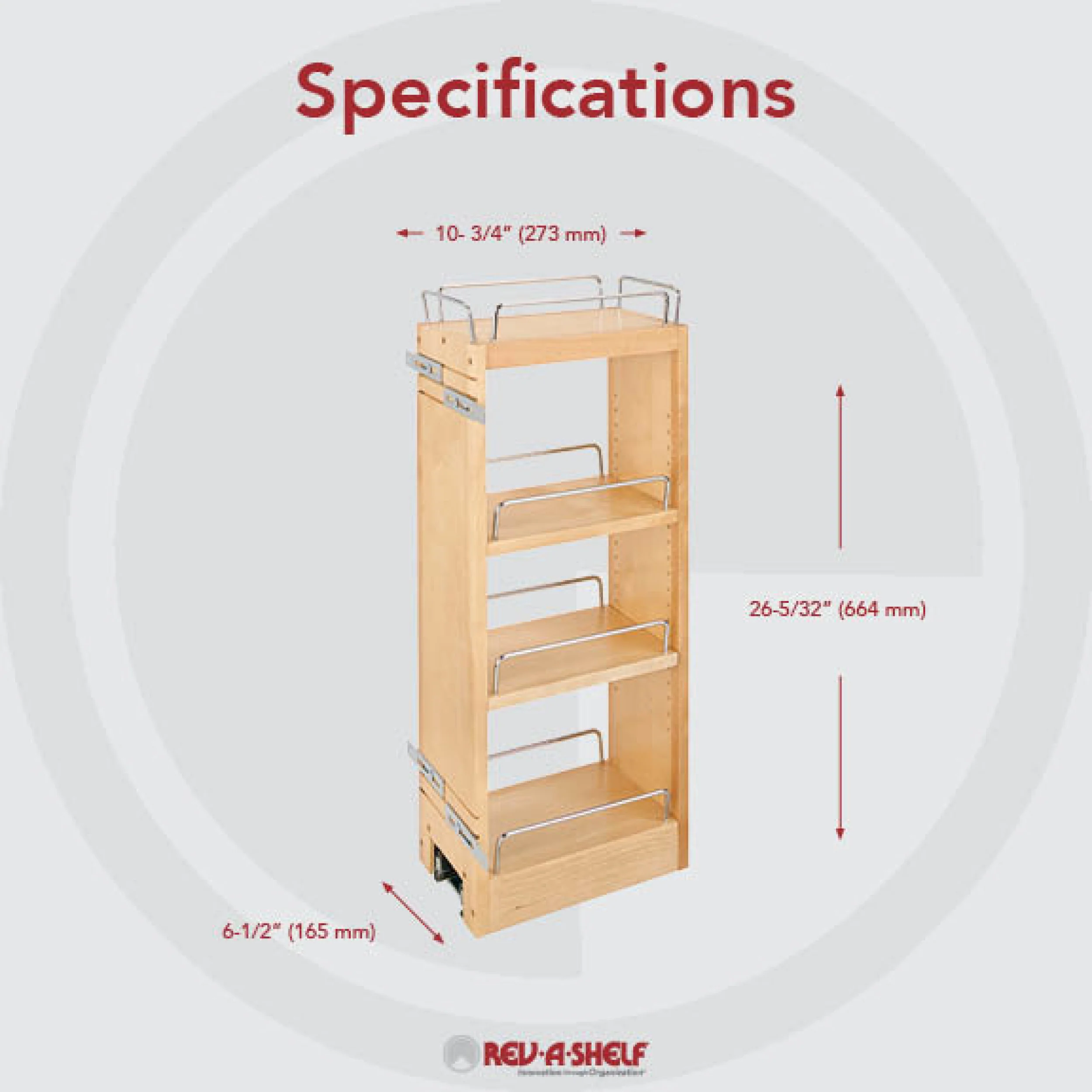 6 in Wood Pull Out Wall Organizer w/Soft Close Natural  6.5 in (165 mm) W x 10.75 in (273 mm) D x 26.15 in (664 mm) H - Image 2