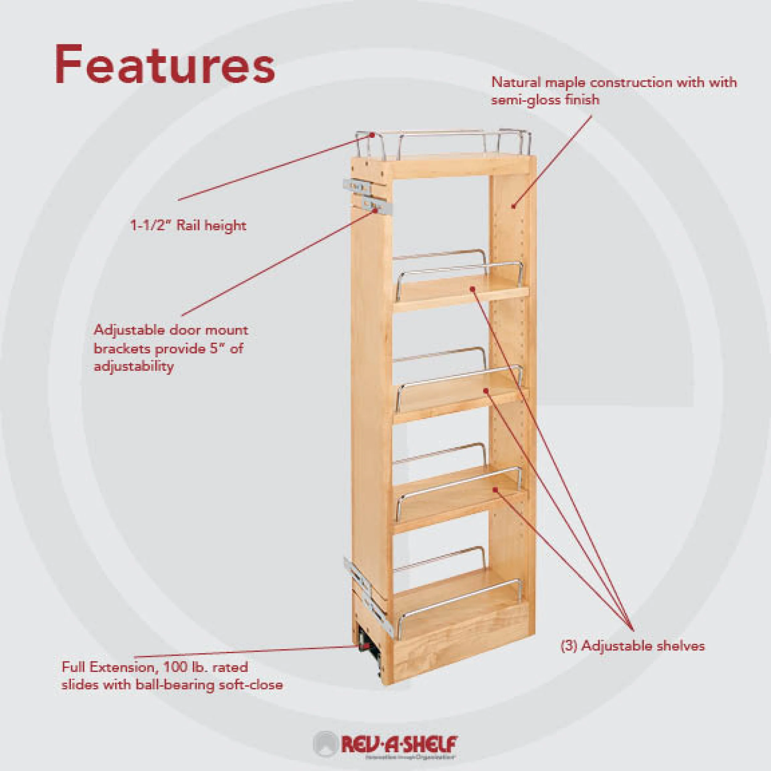 5 in x 36 in H Wood Pull Out Wall Organizer w/Soft Close Natural  5 in (127 mm) W x 10.75 in (273 mm) D x 32.15 in (817 mm) H - Image 2