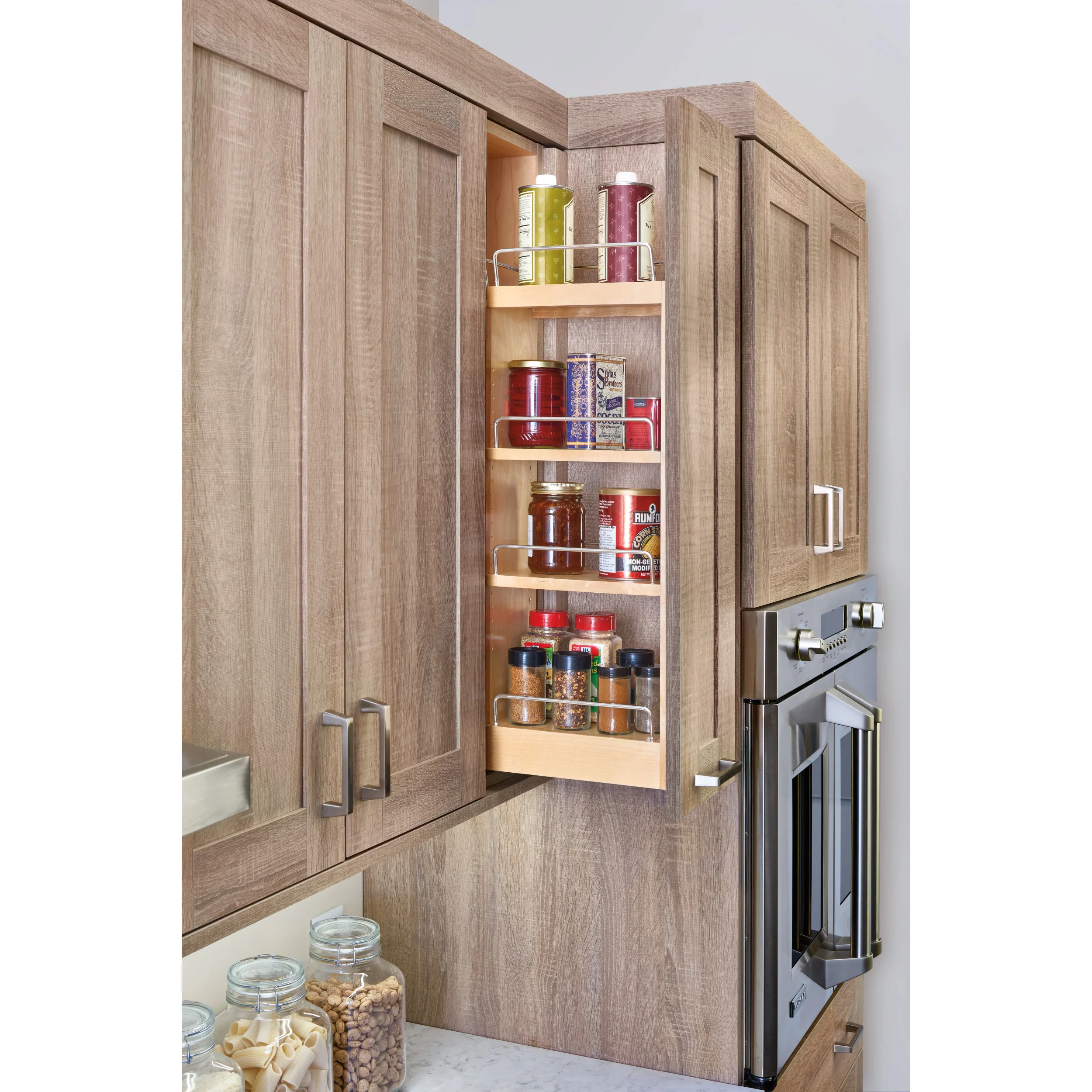 5 in x 36 in H Wood Pull Out Wall Organizer w/Soft Close Natural  5 in (127 mm) W x 10.75 in (273 mm) D x 32.15 in (817 mm) H - Image 3