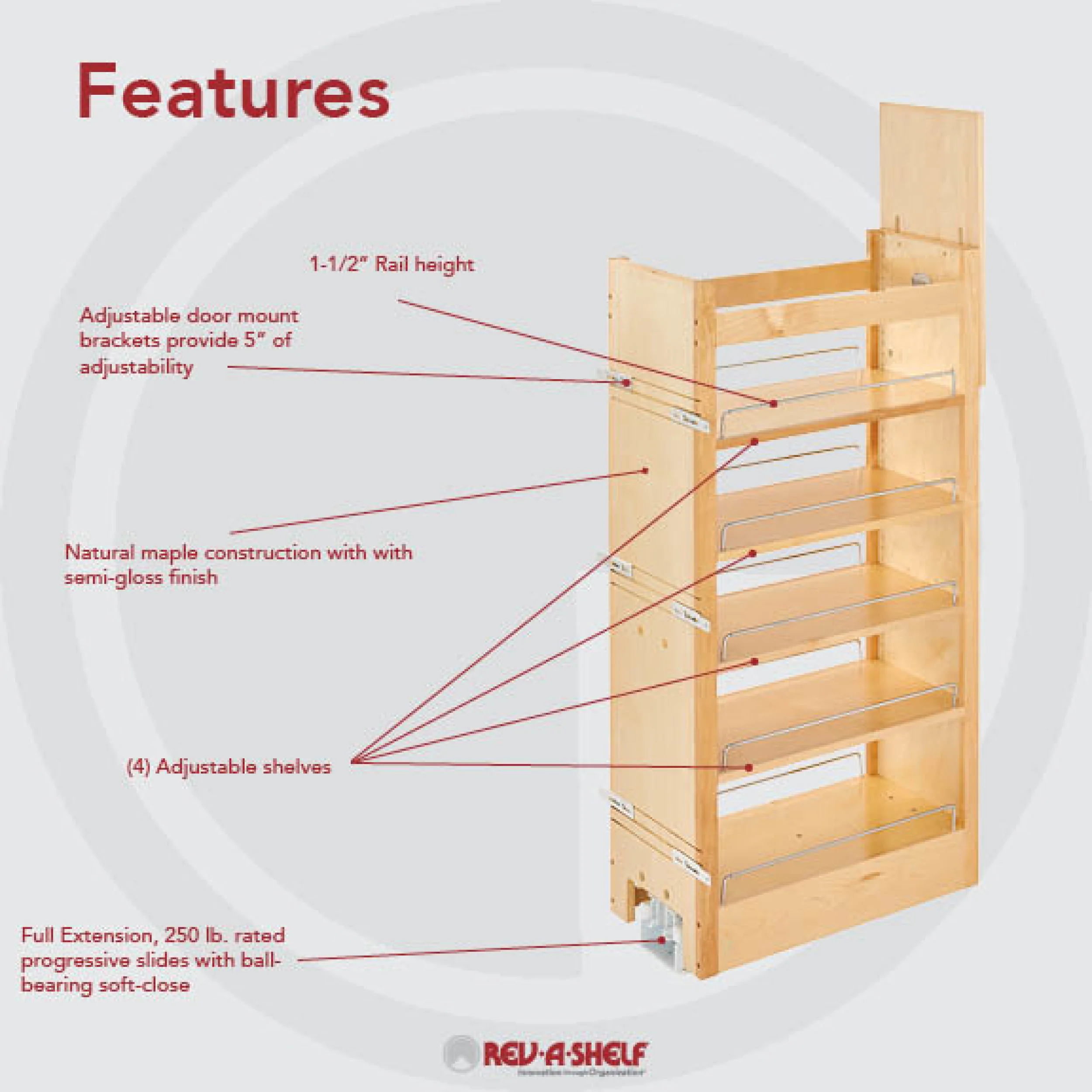 11 in W X 43 in H Wood Pantry Pullout Soft Close Natural  11 in (279 mm) W x 22 in (559 mm) D x 43.25 in (1099 mm) H - Image 2