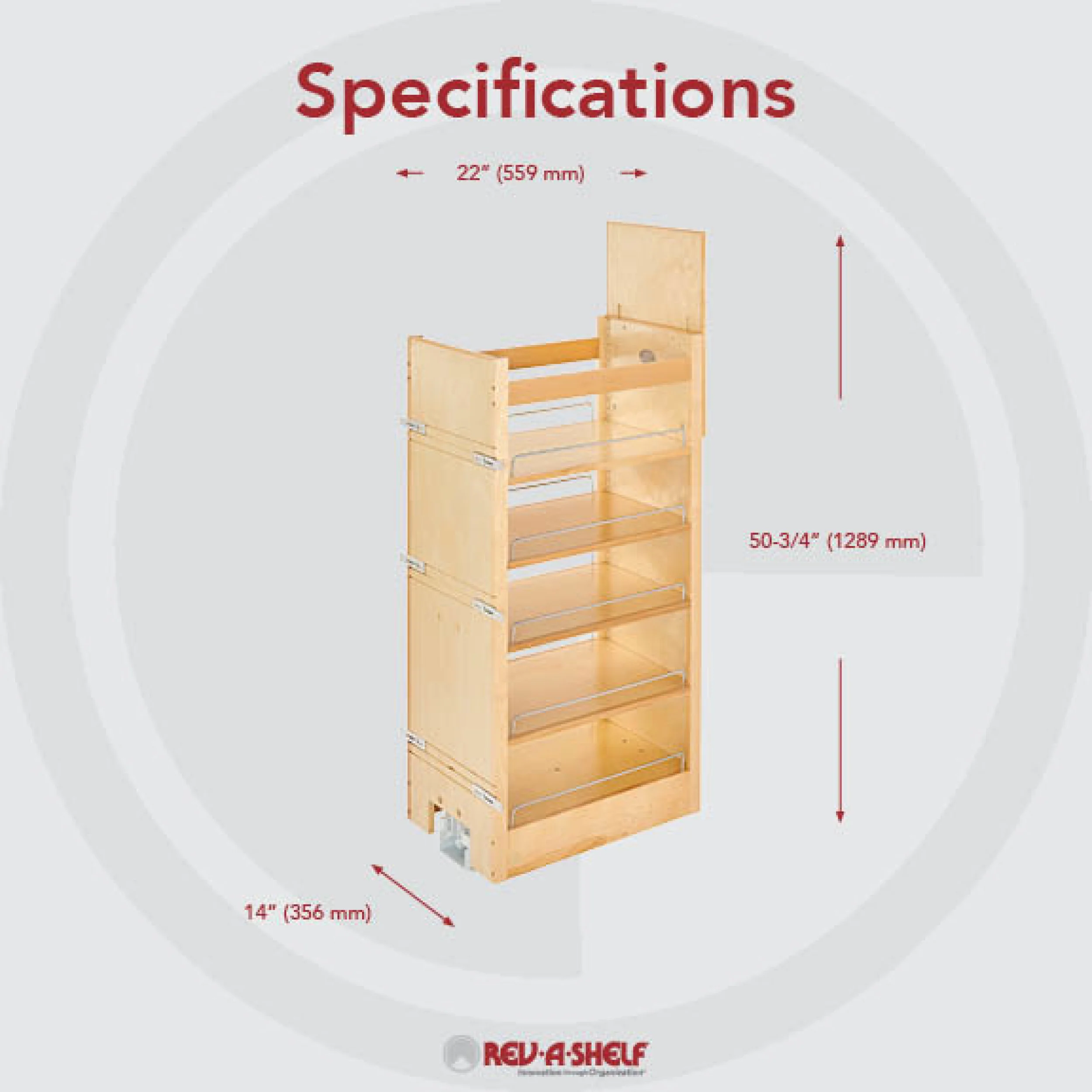 14 in W X 51 in H Wood Pantry Pullout Soft Close Natural  14 in (356 mm) W x 22 in (559 mm) D x 50.75 in (1289 mm) H - Image 7
