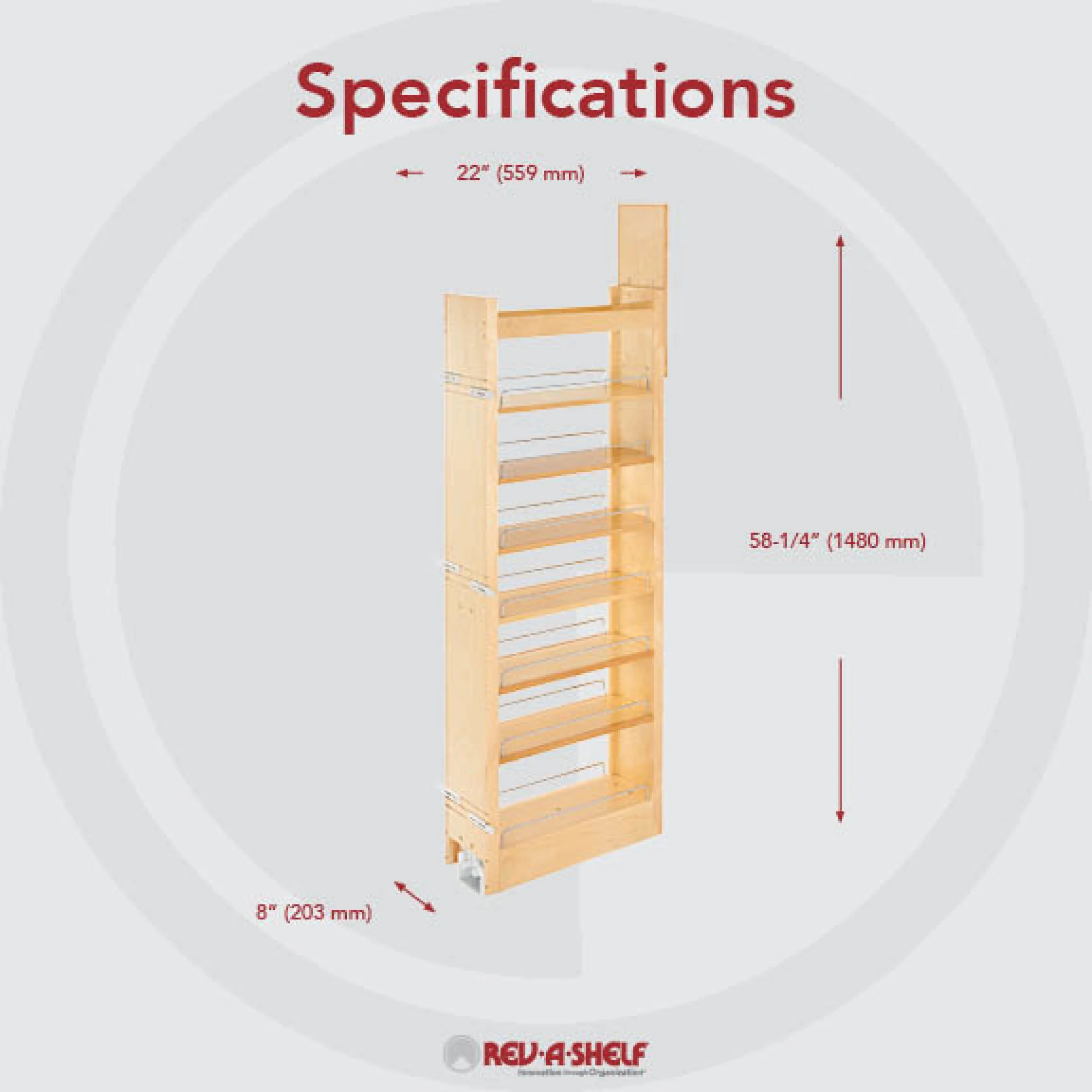 8 in W x 58 in H Wood Pantry Pullout Soft Close Natural  8 in (203 mm) W x 22 in (559 mm) D x 58.25 in (1480 mm) H - Image 8