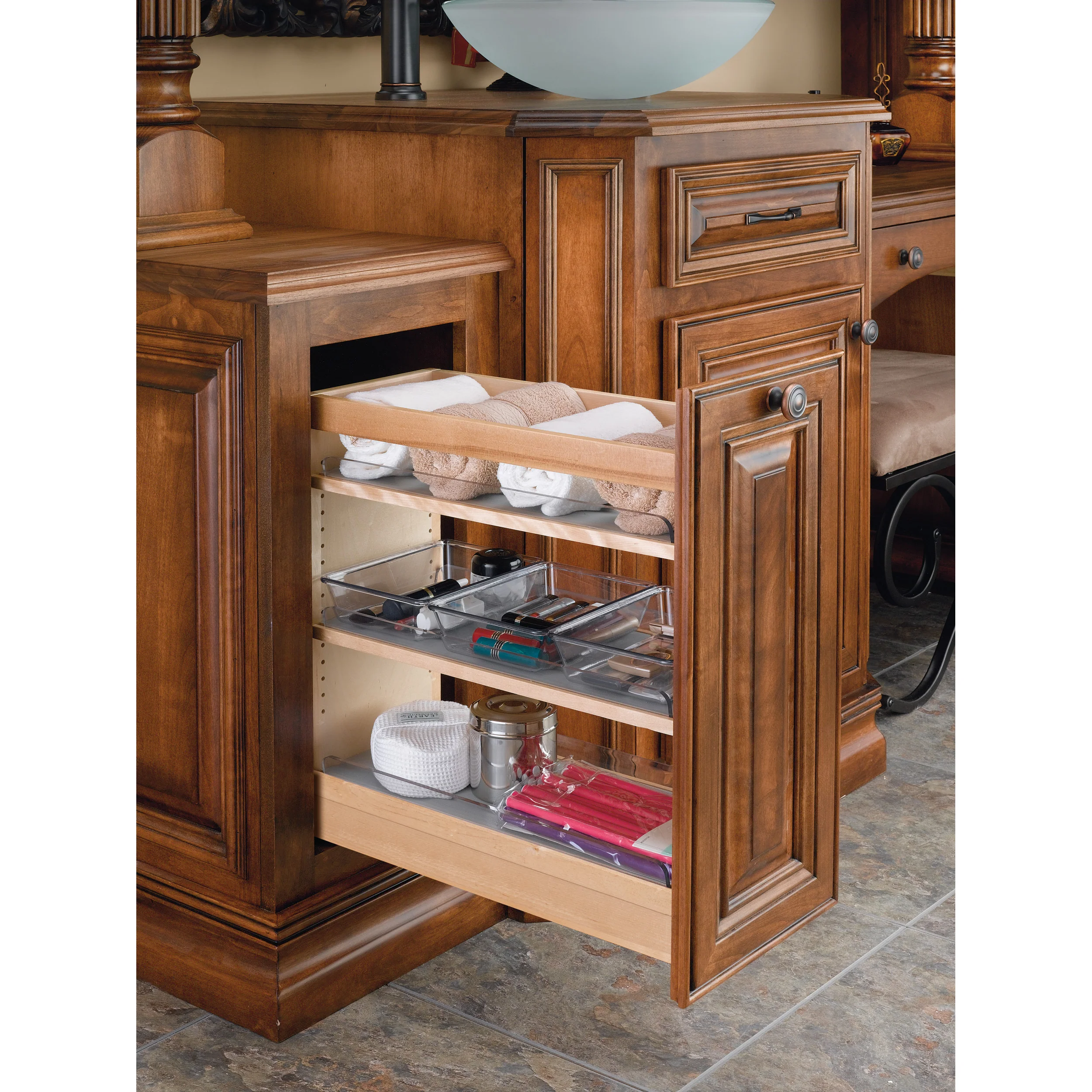 8 in W X 20 in H Wood Vanity Base Organizer w/Soft-Close Natural  8.44 in (214 mm) W x 19.56 in (497 mm) D x 20.38 in (518 mm) H - Image 3