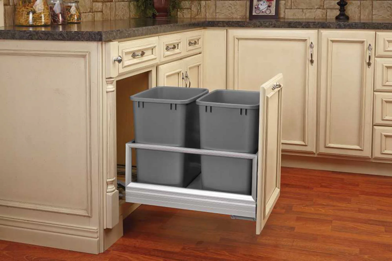 Double 35 Qrt Pull-Out Waste Container w/Rev-A-Motion Silver  14.2 in (361 mm) W x 22 in (559 mm) D x 19.5 in (495 mm) H - Image 8