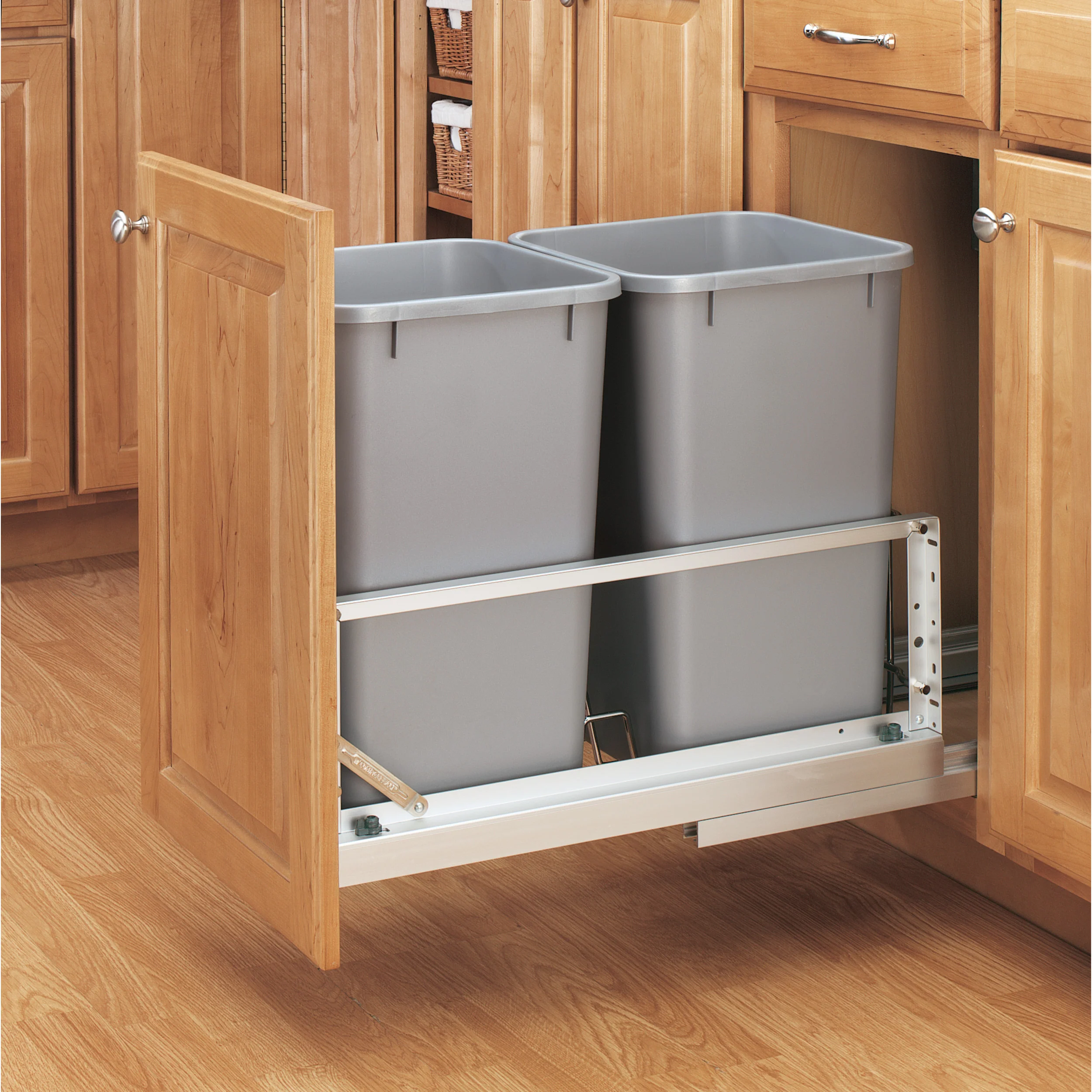 Aluminum Pull Out Double Trash/Waste Container w/Soft Close (11-21/32" W x 22-3/32" D x 18-29/32" H) - Image 2