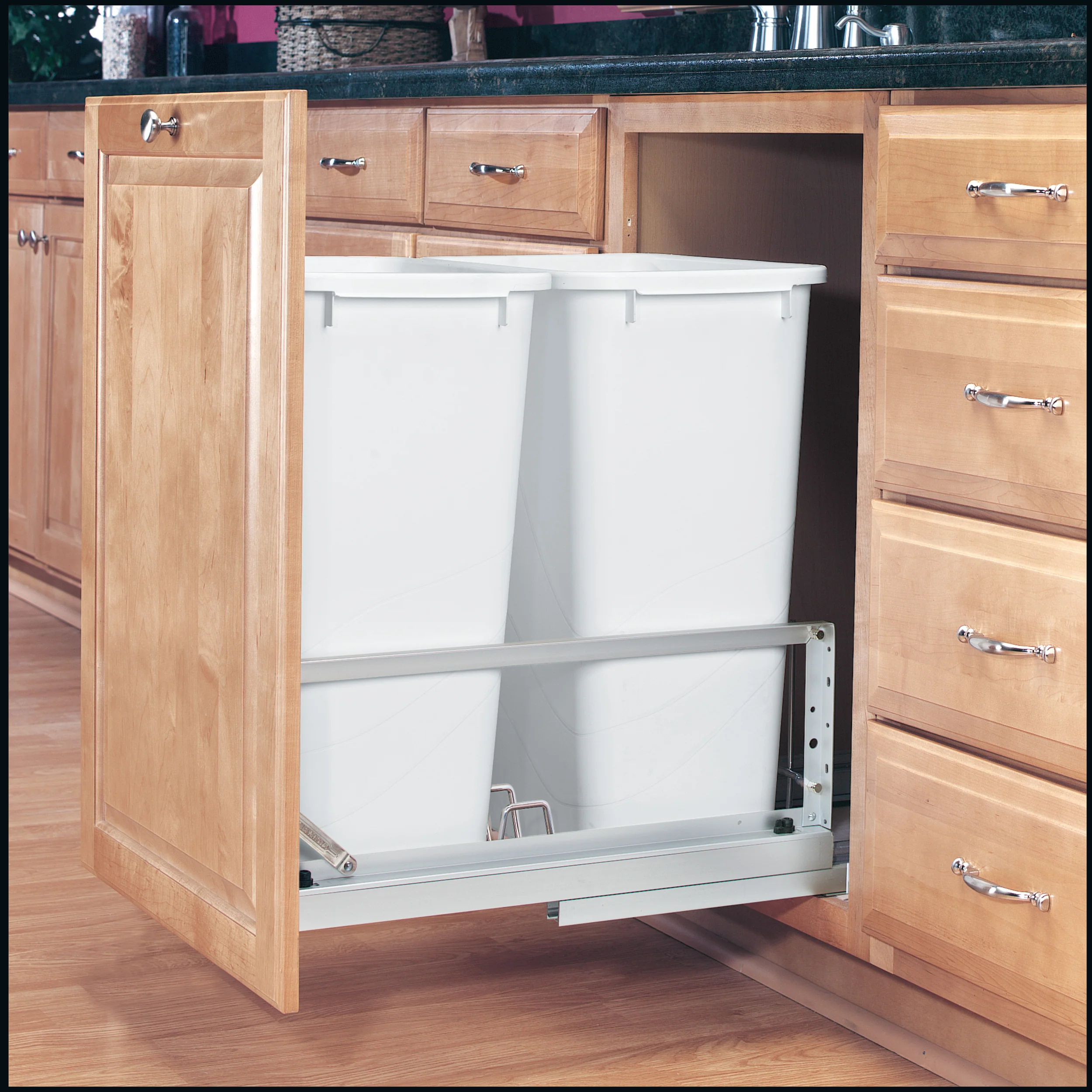 Double 50 Qrt Pull-Out Waste Containers Silver  14.81 in (376 mm) W x 22.13 in (562 mm) D x 22.94 in (583 mm) H - Image 6