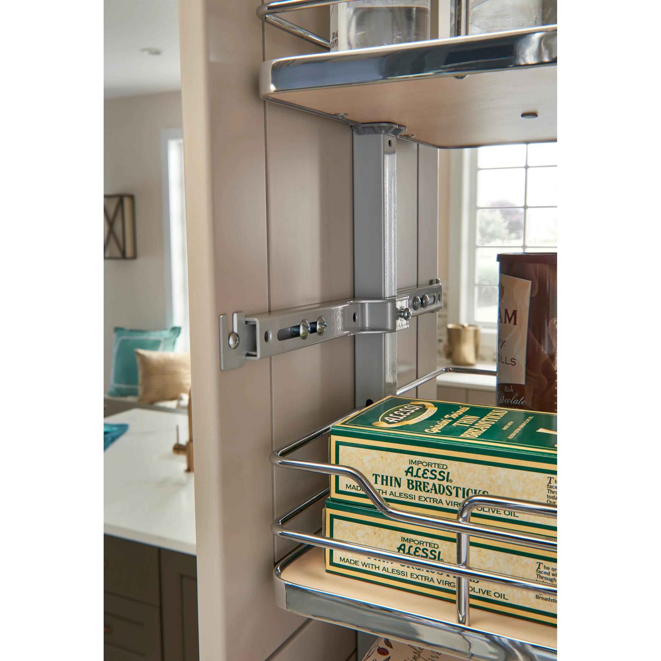8 in Chrome Solid Bottom Pantry Pullout Soft Close Gray  8.25 in (210 mm) W x 21.69 in (551 mm) D x 50.75 in (1289 mm) H