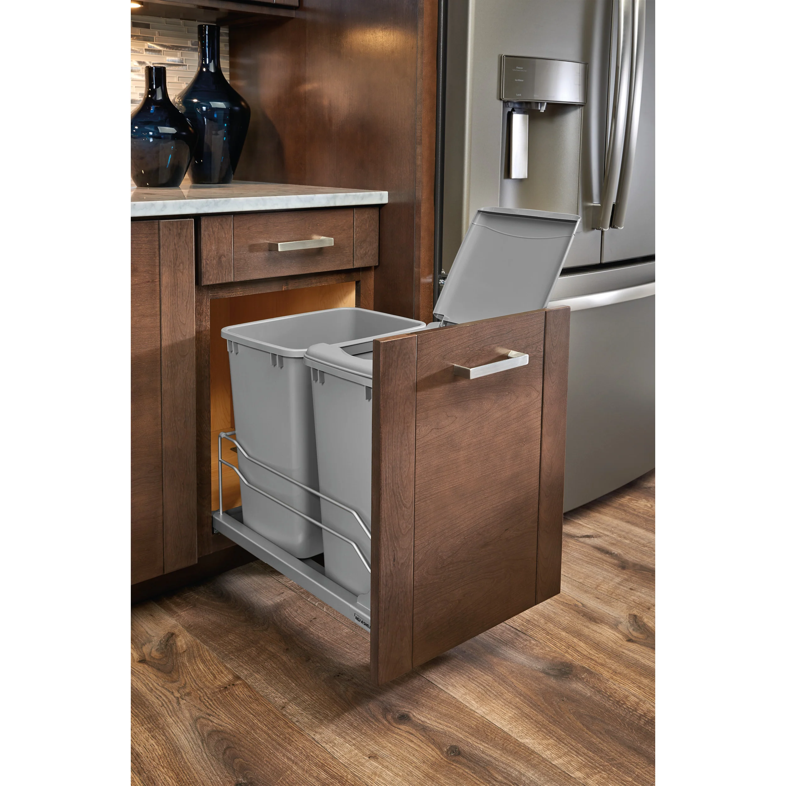 Double 35 Qrt Pull-out Waste Container Soft-Close Metallic Silver 14.38 in (365 mm) W x 22.25 in (565 mm) D x 19 in (483 mm) H - Image 2