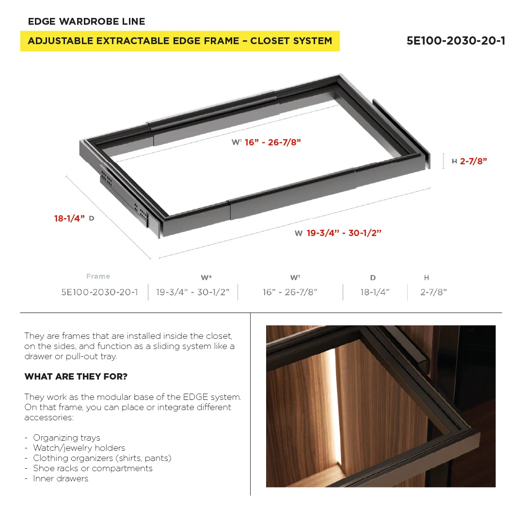 Rev-A-Shelf EDGE Adjustable Pull-Out Closet Frame 19-11/16" - 30-1/2" W x 20" D - 5E100-2030-20-1 - Image 2