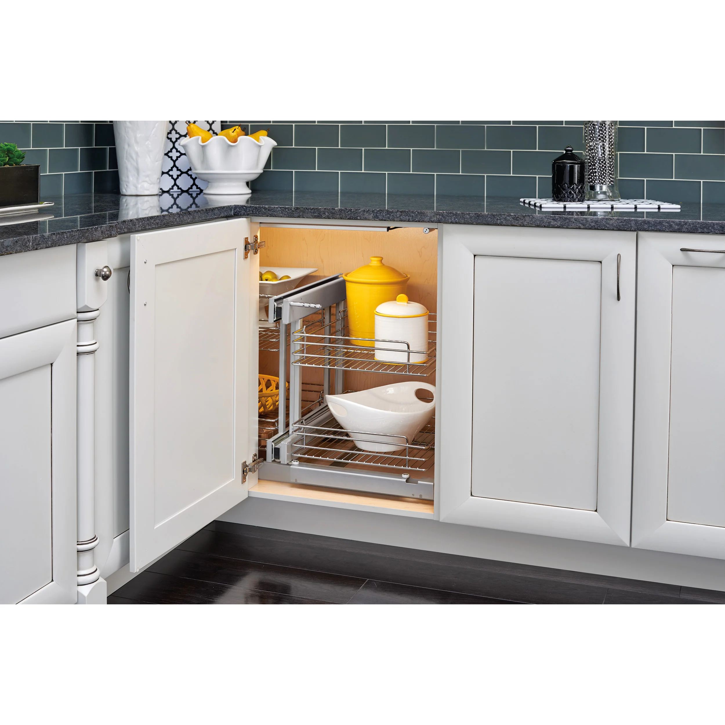 15 in Chrome Blind Corner Organizer Soft-Close Chrome 26.25 in (667 mm) W x 20.25 in (514 mm) D x 20.88 in (530 mm) H