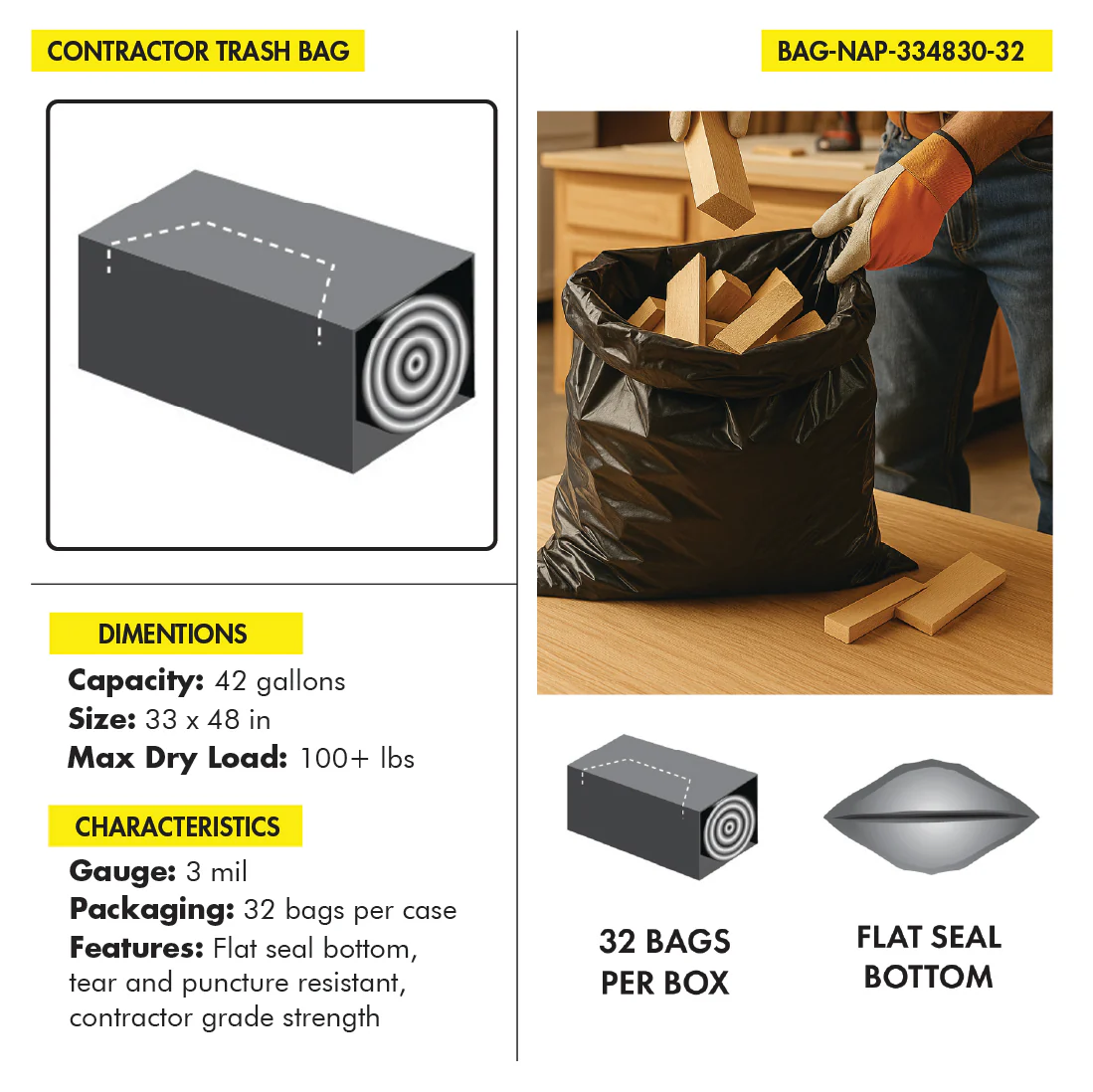 TRASH BAG CONTRACTOR TUFF  HEAVY DUTY 42 GAL 32X50" 3 MIL BLACK 32 BAGS PER BOX - Image 3