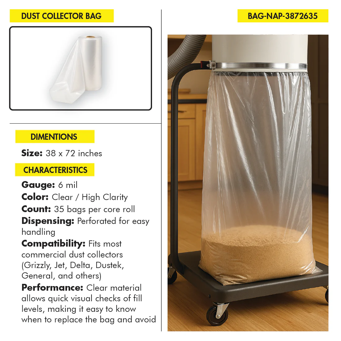 DUST COLLECTOR BAG 38x72" 6 MIL SUPER HEAVY DUTY PLASTIC CLEAR 35 BAGS PER ROLL - Image 3