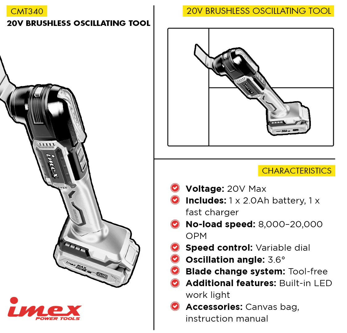20V Brushless Oscillating Tool with Battery and Charger - IMEX Power Tools - Image 2