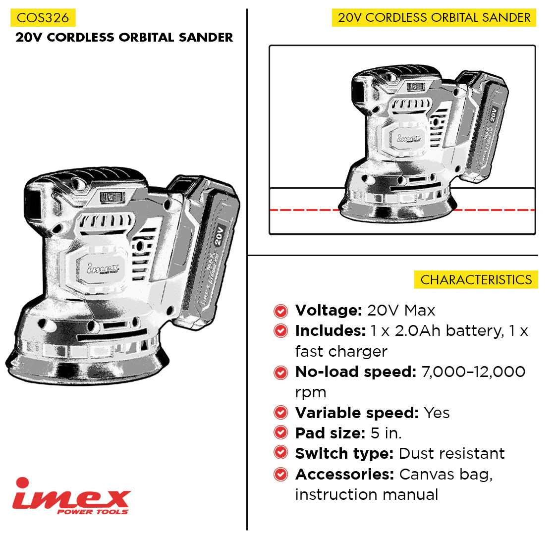 20V Cordless Orbital Sander with Battery and Charger - IMEX Power Tools - Image 3