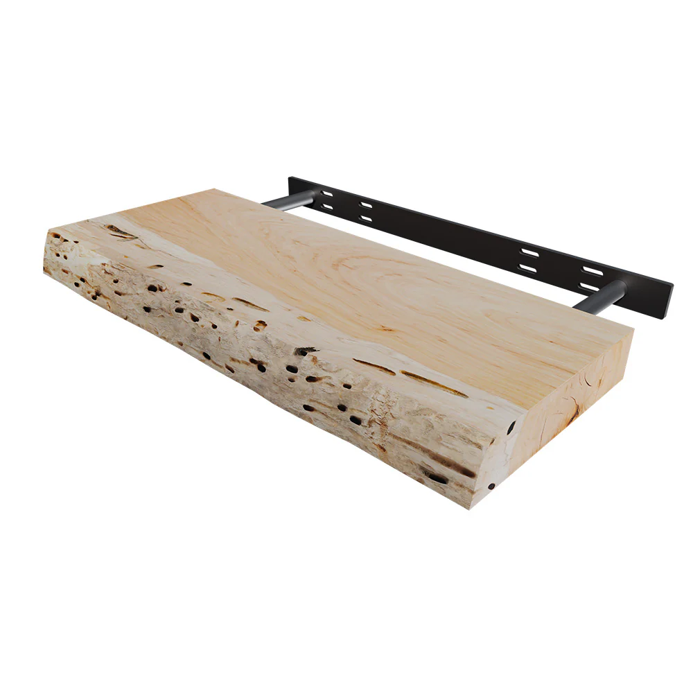 Live Edge Floating Shelf- 12" x 24" x 2"- Hickory | Federal Brace Raw Shelves - Image 2