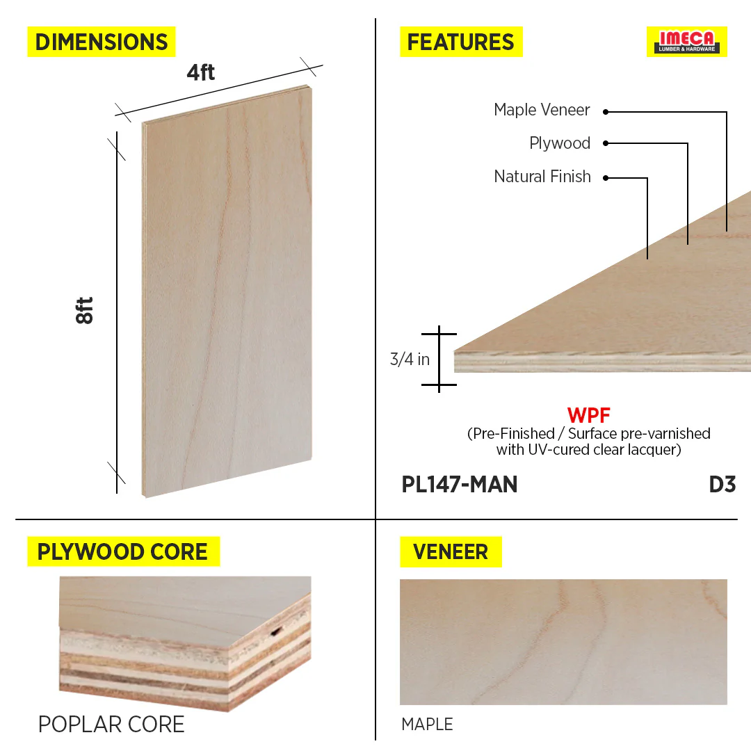 PLYWOOD MAPLE 3/4" WPF D3 4X8 POPLAR CORE - Image 2