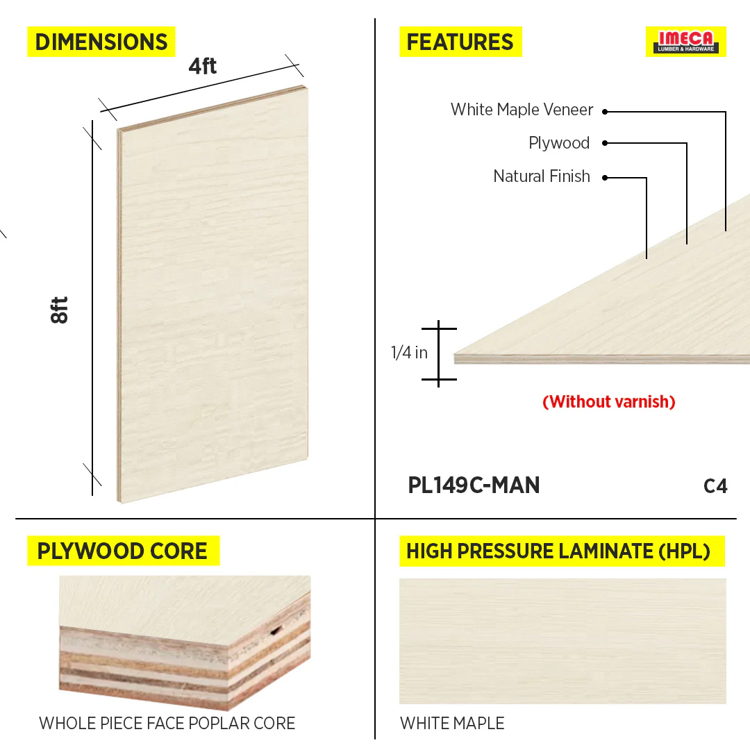 PLYWOOD 1/4 C4 WHITE MAPLE WPF 4X8 - Image 2