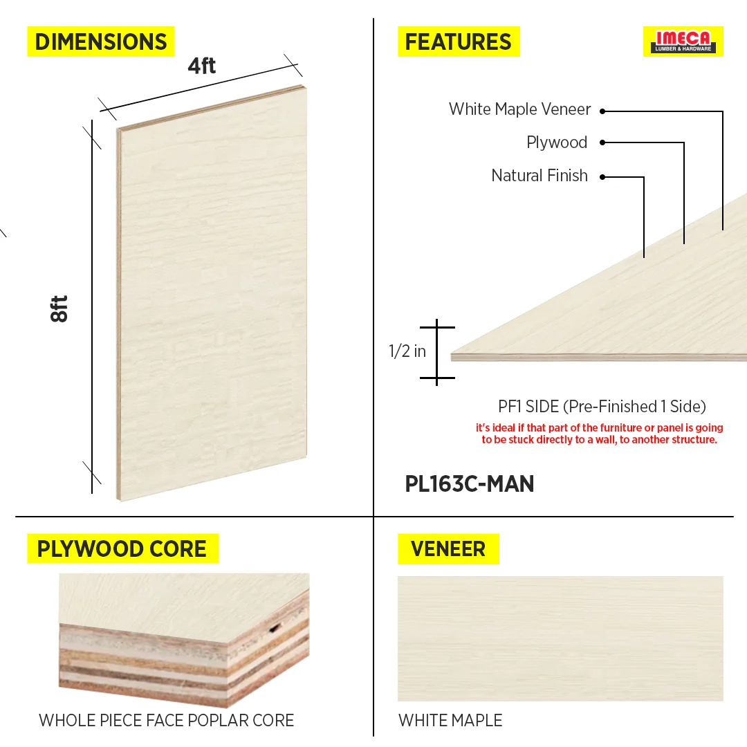 PLYWOOD 1/2 WHITE MAPLE PF1 SIDE WPF POPLAR CORE 4X8 - Image 2