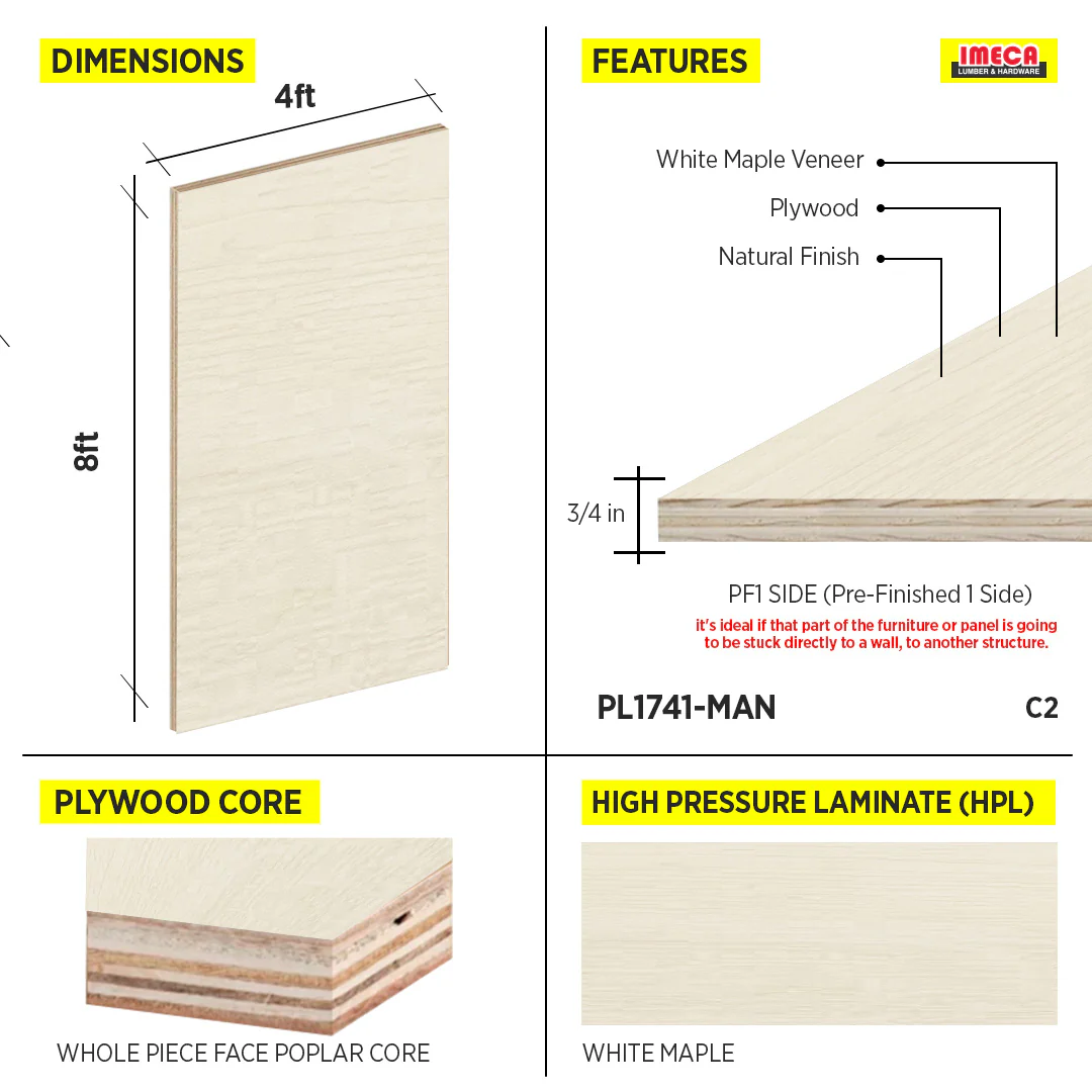 PLYWOOD WHITE MAPLE 4X8 3/4 C2 PF1 SIDE WPF POPLAR CORE - Image 2