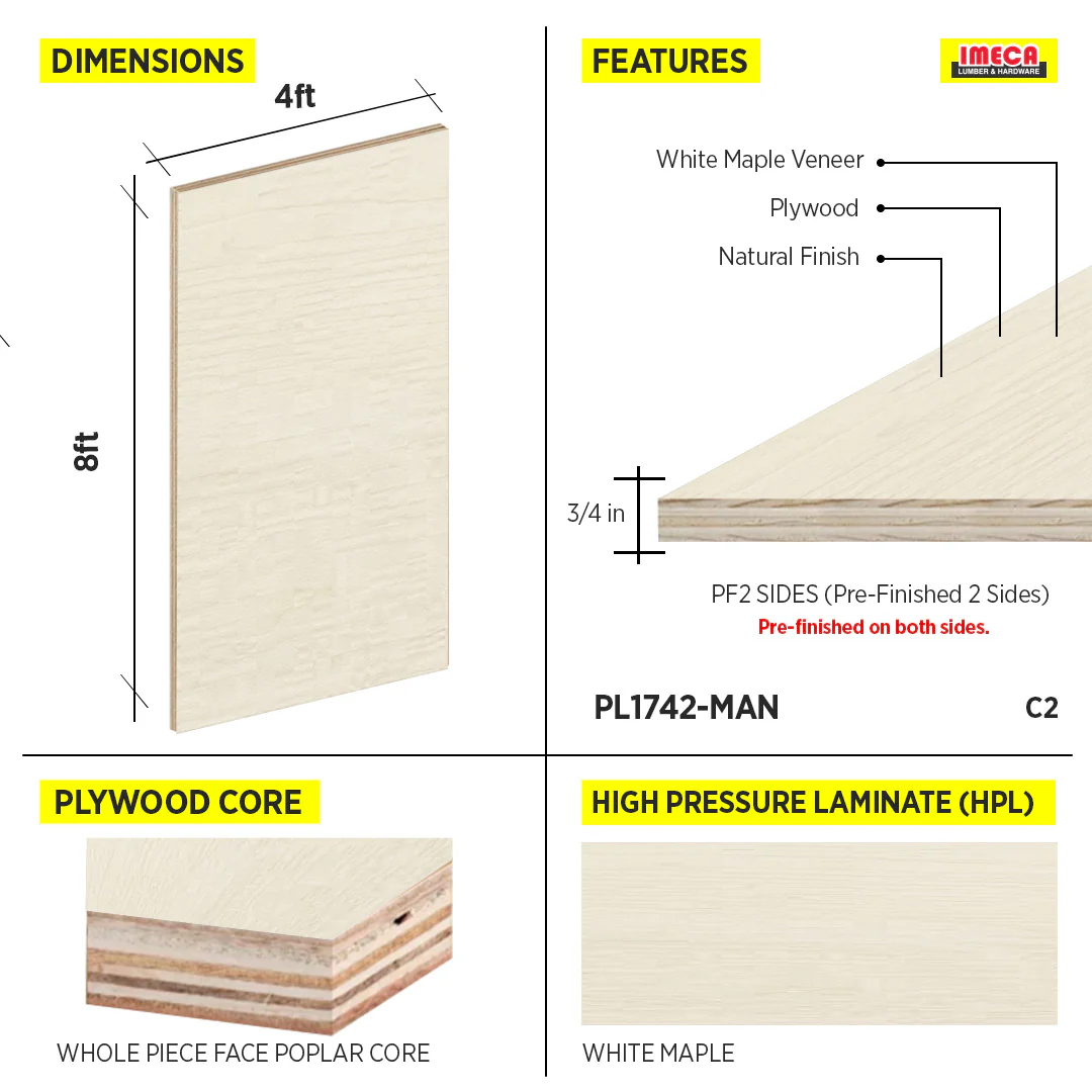 PLYWOOD WHITE MAPLE 4X8 3/4 C2 PF2 SIDES WPF POPLAR CORE - Image 2