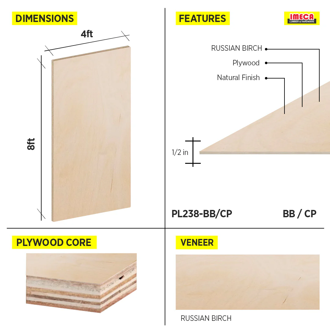PLYWOOD RUSSIAN BIRCH 1/2-12MM BB/CP 4X8 - Image 2
