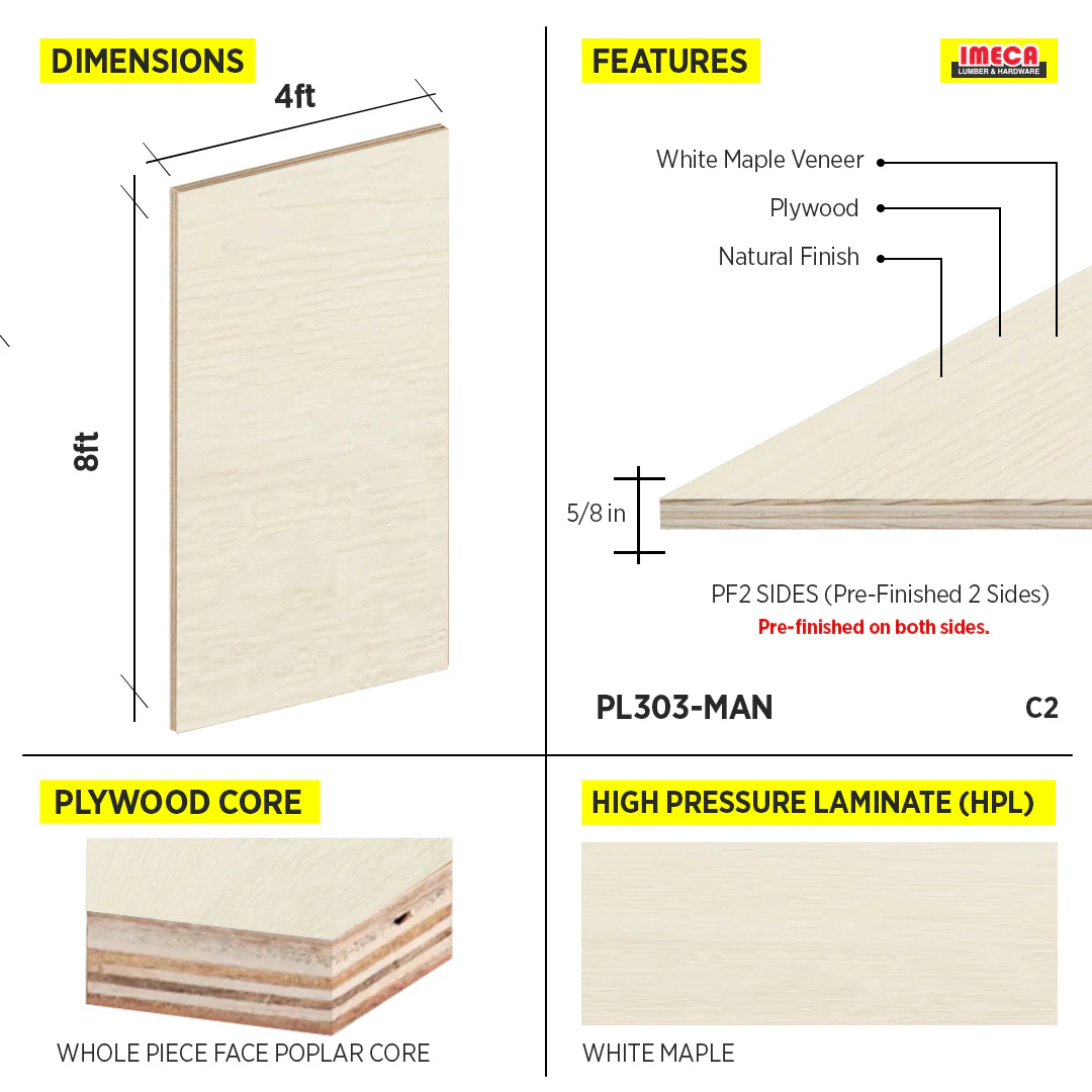 PLYWOOD 5/8" WPF WHITE MAPLE C2 POPLAR CORE PF2 SIDES 4X8 - Image 2