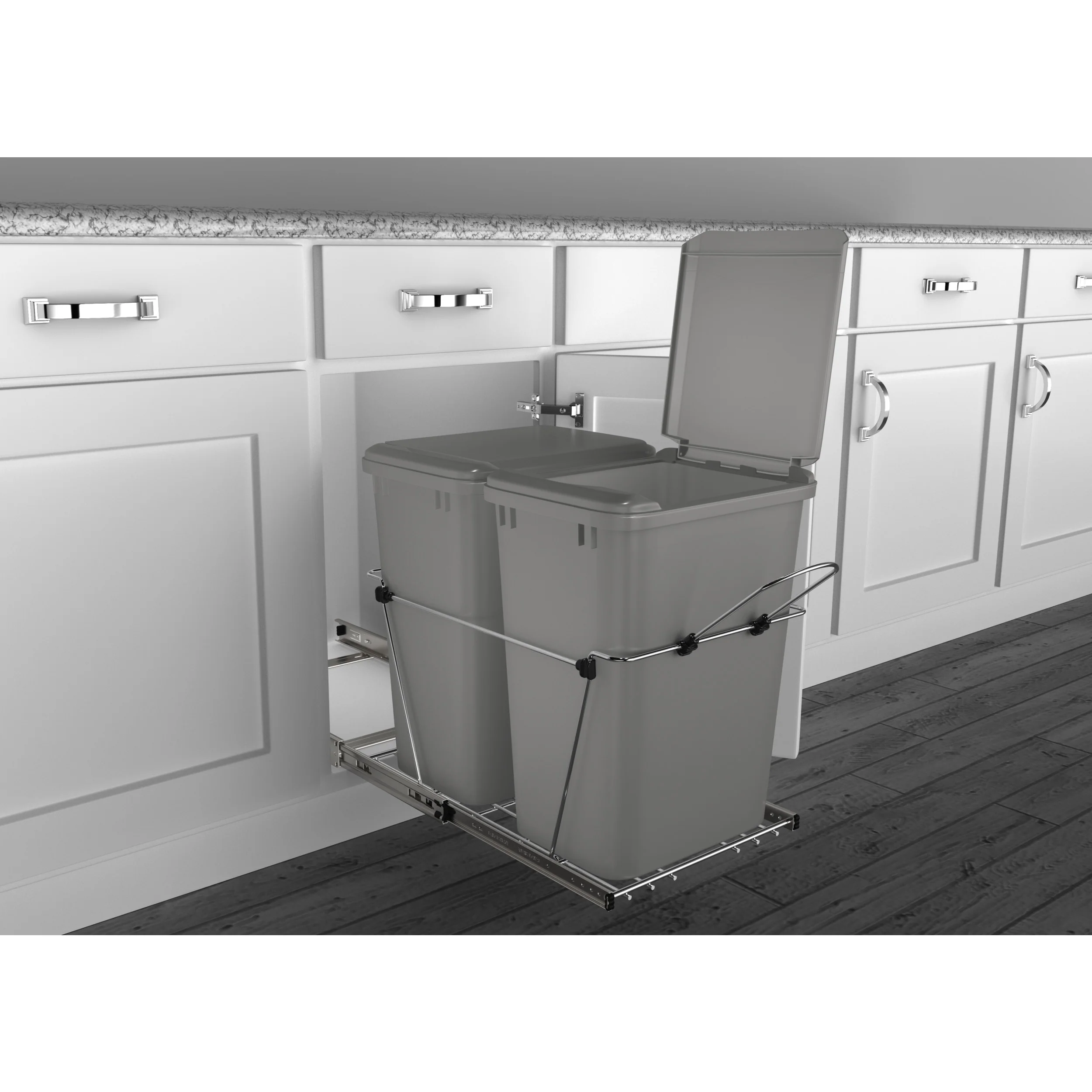 Double 35 Qrt Pull-Out Waste Containers Metallic Silver  14.38 in (365 mm) W x 22 in (559 mm) D x 19.25 in (489 mm) H - Image 8
