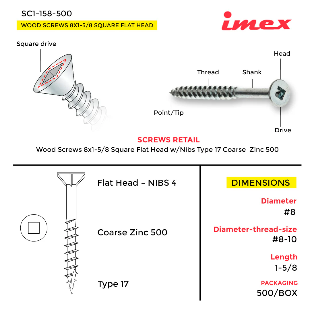WOOD SCREWS IMEX SQUARE FLAT HEAD WITH NIBS #8 1" TYPE 17 COARSE ZINC 500 BOX - Image 2