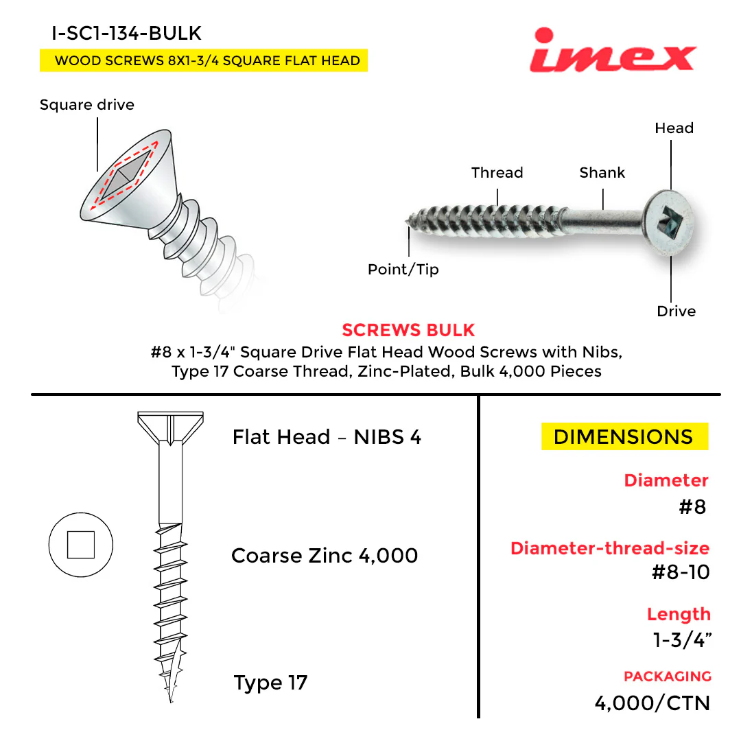WOOD SCREWS IMEX SQUARE FLAT HEAD WITH NIBS #8 1-3/4" TYPE 17 COARSE ZINC 4.000 BULK - Image 3