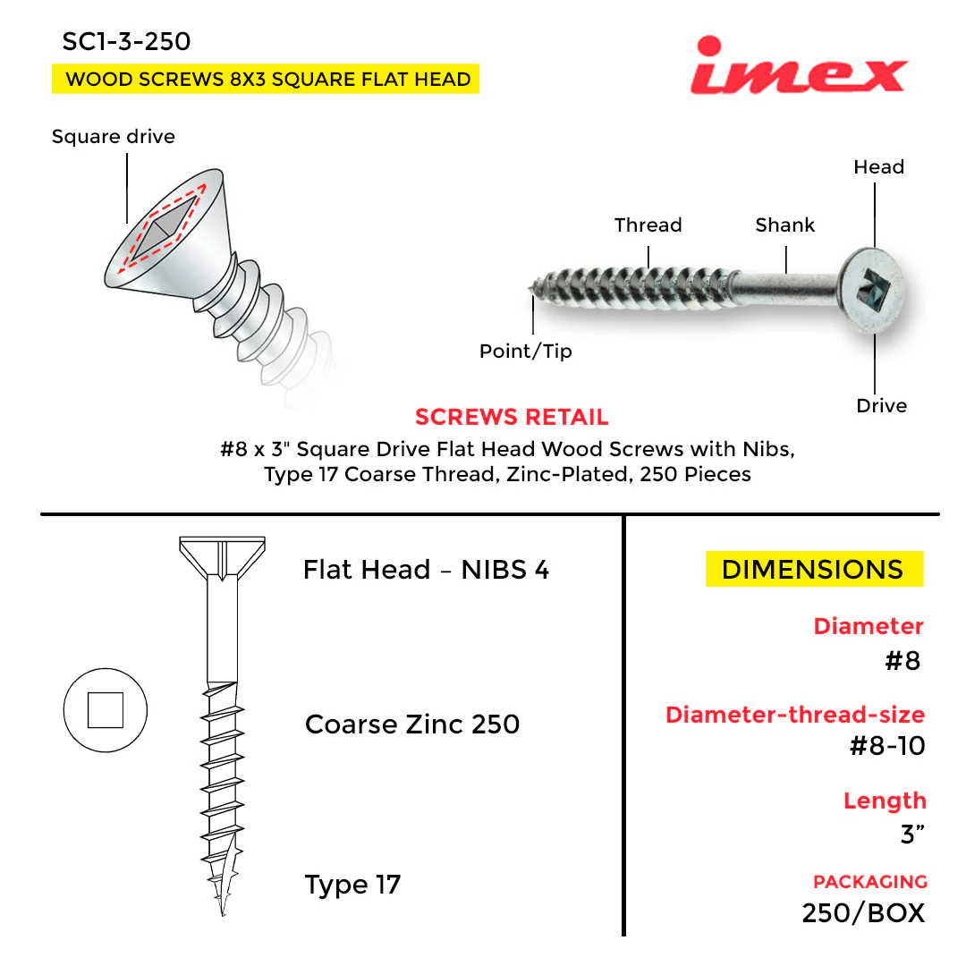 WOOD SCREWS IMEX SQUARE FLAT HEAD WITH NIBS #8 3" TYPE 17 COARSE ZINC 250 BOX - Image 3