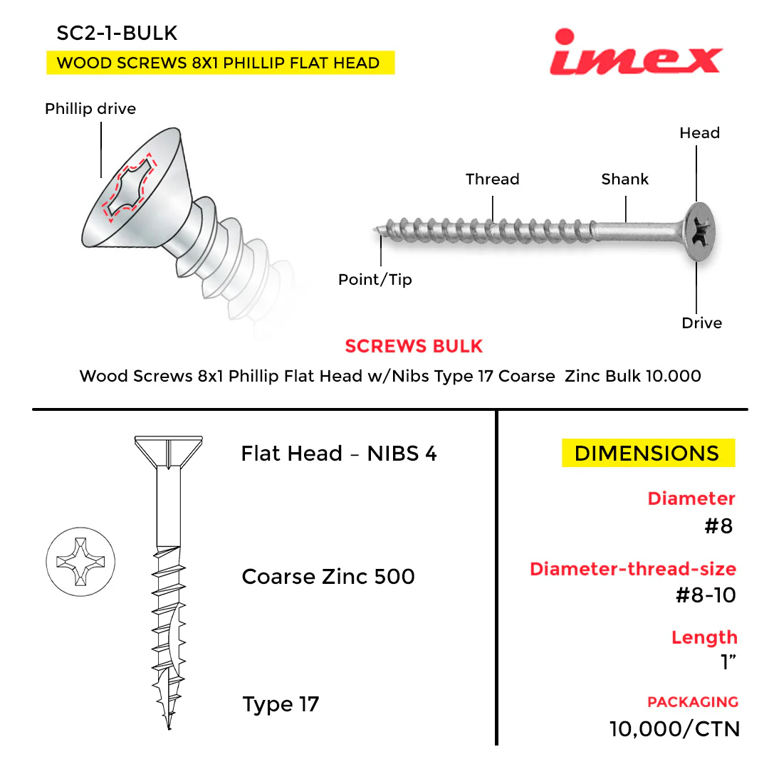 WOOD SCREWS IMEX PHILLIP FLAT HEAD WITH NIBS #8 1" TYPE 17 COARSE ZINC 10.000 BULK - Image 3