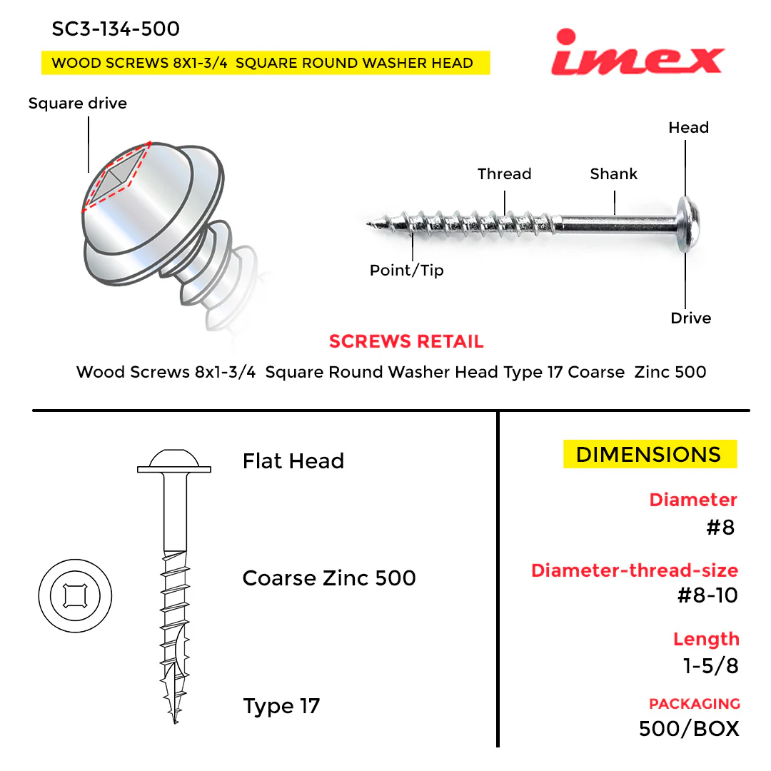 WOOD SCREWS IMEX SQUARE ROUND WASHER WITH NIBS #8 1-3/4" TYPE 17 COARSE ZINC 500 BOX - Image 3