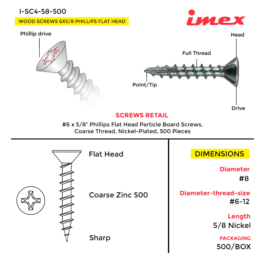 WOOD SCREWS 6X5/8 PHILLIPS FLAT HEAD COARSE  NICKEL 500 - Image 3