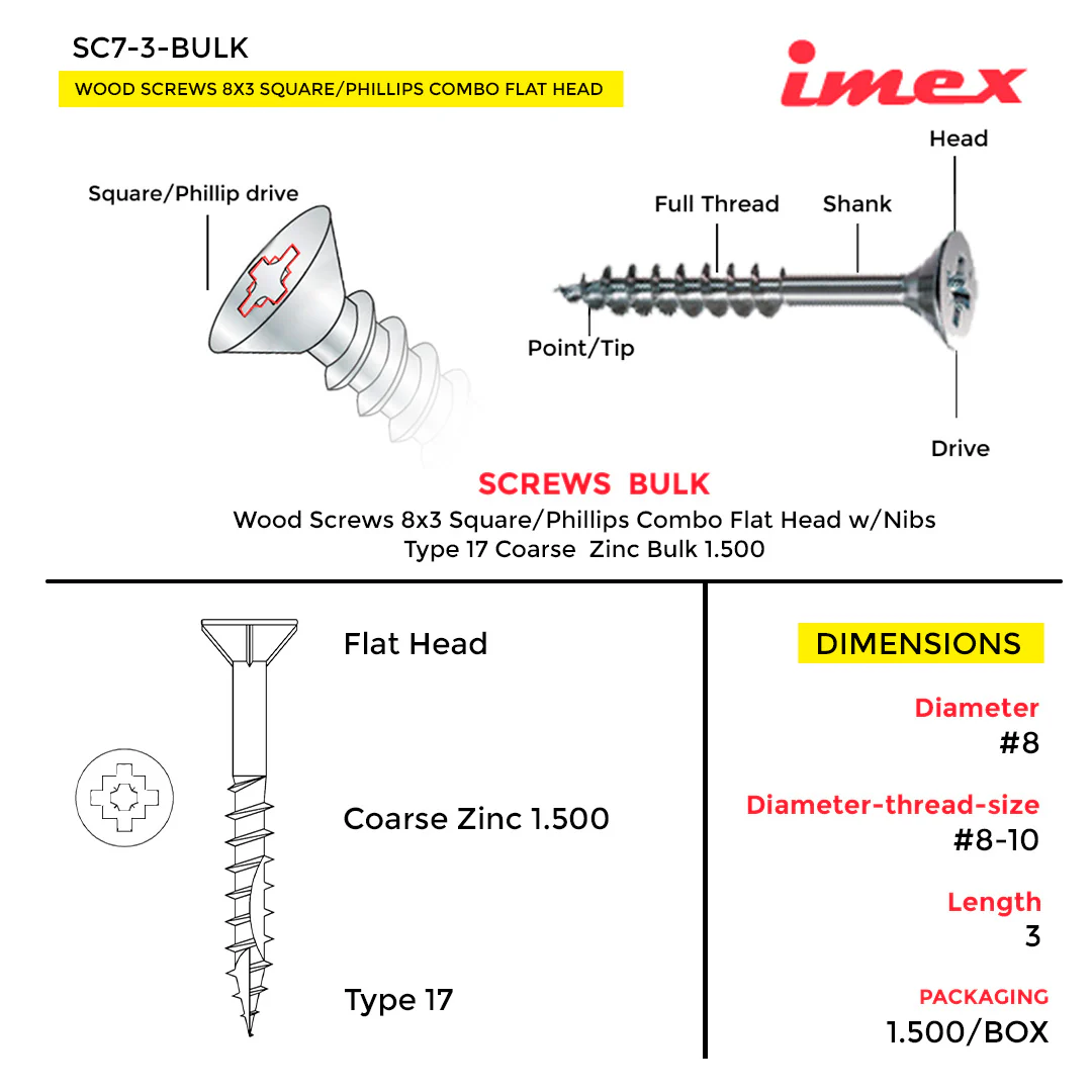 WOOD SCREWS IMEX SQUARE/PHILLIP COMBO FLAT HEAD WITH NIBS #8 3" TYPE 17 COARSE ZINC 1.500 BULK