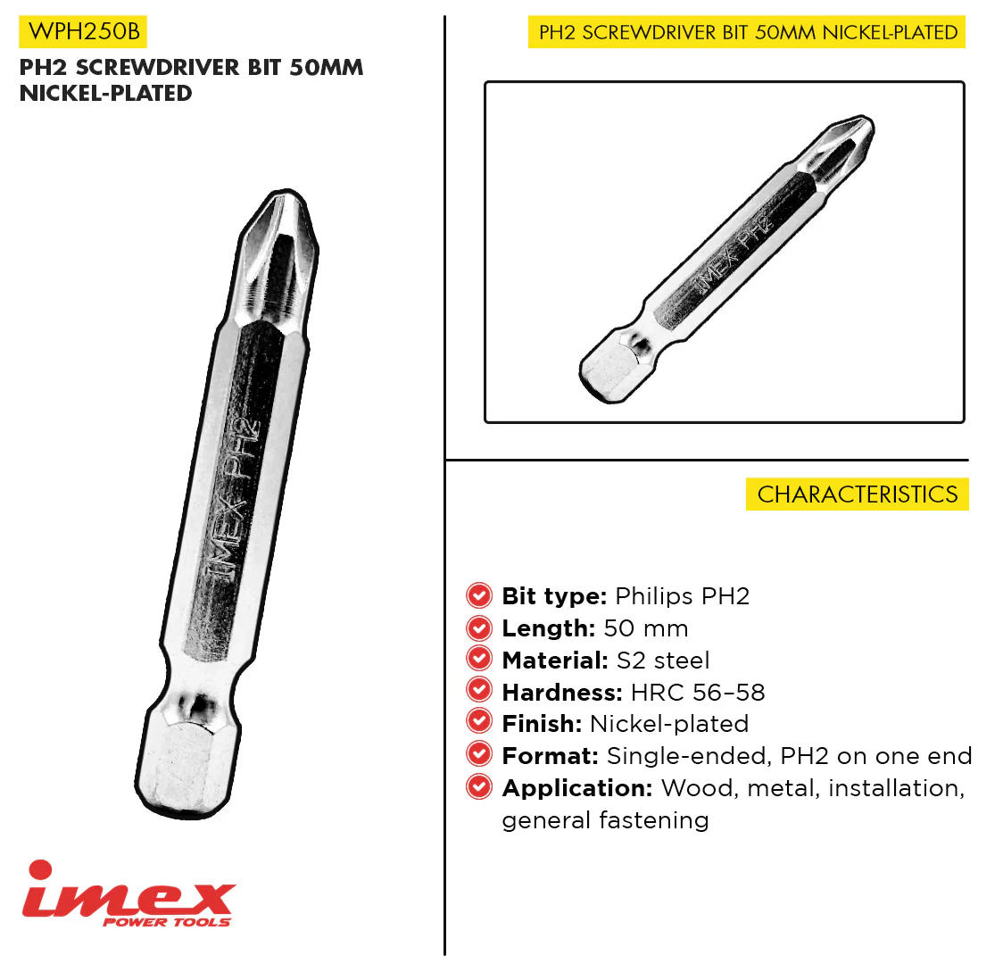 PH2 Screwdriver Bit 50mm Nickel-Plated - IMEX Power Tools - Image 3